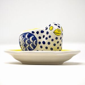 Quimper HB Henriot Bird Dish Blue White Yellow French Pottery Signed